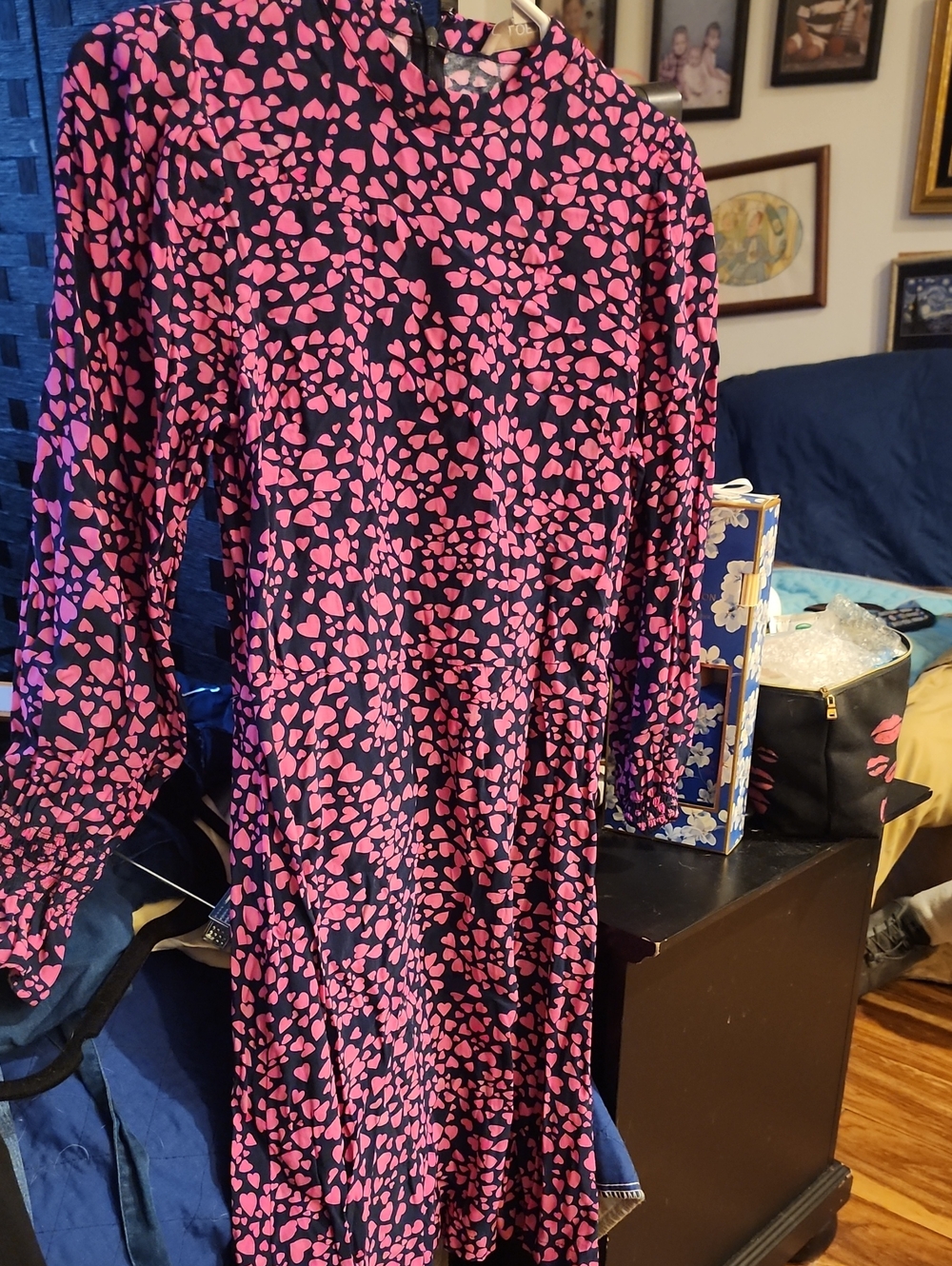 Loft Pink Heart Print Navy Long Sleeve Dress